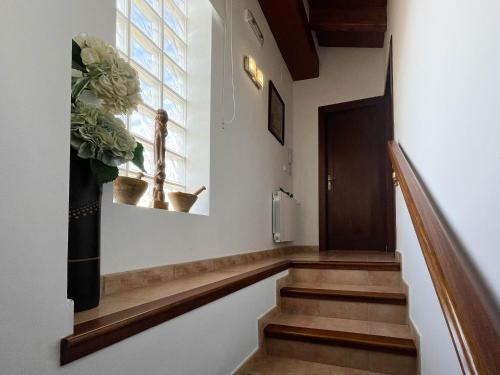 a hallway with stairs and a window with potted plants at CASA GALA BIAR. TRANQUILIDAD, ENCANTO Y AIRE PURO. in Biar