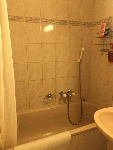 a bathroom with a bath tub and a sink at Alpine apartment in Swiss village of Torgon in Torgon