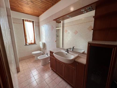 a bathroom with a sink and a toilet and a mirror at GIULIO in Fanano