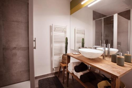 baño con 2 lavabos y espejo grande en Appartement avec sauna au pied de la citadelle, en Besançon