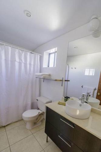 a bathroom with a toilet and a sink and a mirror at Colorado Apart Hotel in El Colorado