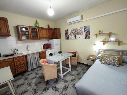 - une cuisine avec un lit et une table dans une chambre dans l'établissement Acogedor Alojamiento, à Membrilla