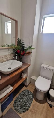 a bathroom with a white toilet and a sink at Amy's appartment Coastal road Peyrebere in Pereybere