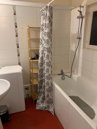 W łazience znajduje się wanna z zasłoną prysznicową. w obiekcie Grand appartement tout confort en plein coeur d'Arbois w mieście Arbois