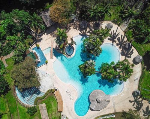 an overhead view of a swimming pool with palm trees at Tamarindo Condo 206 Matapalo in Tamarindo