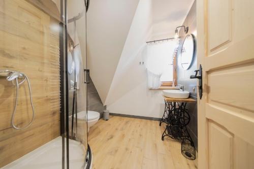 波羅寧的住宿－Atelier Jana Kasprowicza Apartamenty Stare Izby，带淋浴、卫生间和盥洗盆的浴室