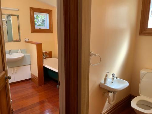 a bathroom with a sink and a toilet and a tub at Glenfern Sanctuary in Port Fitzroy