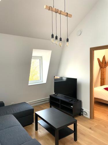 a living room with a couch and a tv and a bed at Domaine Séquoia in Stutzheim