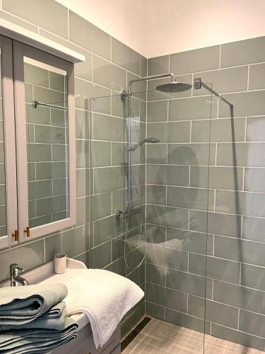 a bathroom with a glass shower with a sink at Domaine Séquoia in Stutzheim