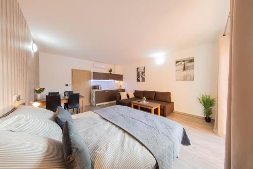 ein Schlafzimmer mit einem Bett und ein Wohnzimmer in der Unterkunft Apartmán Sophia 2 in Velké Losiny