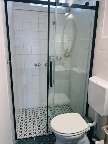 a bathroom with a glass shower with a toilet at Tihany Panorama House in Tihany