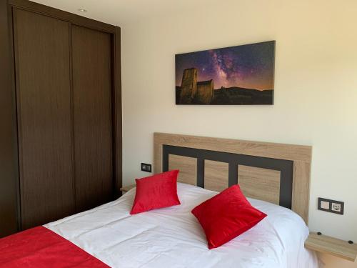 a bedroom with a bed with two red pillows at Cal Canal in Montferrer