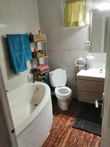 een badkamer met een bad, een toilet en een wastafel bij Schöne Wohnung mit WiFi und parkplatz auf der Straße in Oliva