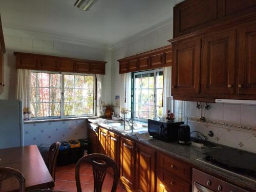 una cucina con mobili in legno e un piano di lavoro di Casa do Rio a Termas de São Pedro do Sul