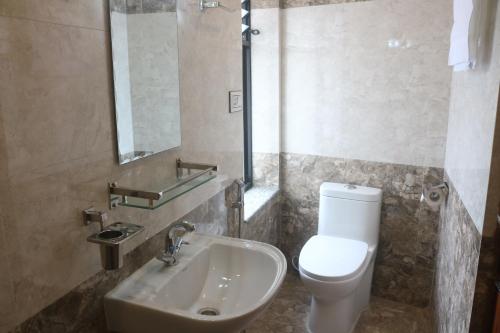 a bathroom with a white toilet and a sink at Hotel Family Ties Pvt. Ltd. in Kathmandu