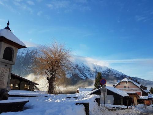 a snow covered village with a mountain in the background at Hotel Tauplitzerhof in Tauplitz