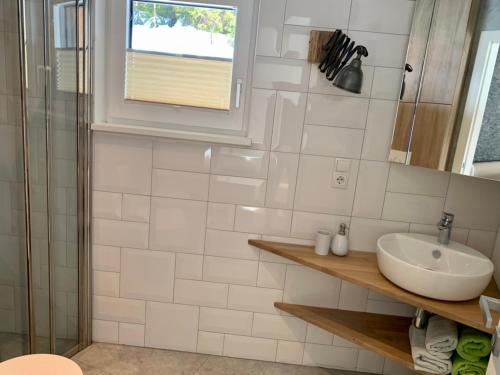 a bathroom with a sink and a glass shower at Am Waldrand Weidach in Leutasch