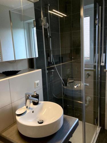 a bathroom with a sink and a shower at Ferienwohnung Behnke in Brand