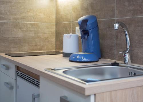 a blue juicer sitting on a counter next to a sink at Haus Jungmann in Hallenberg