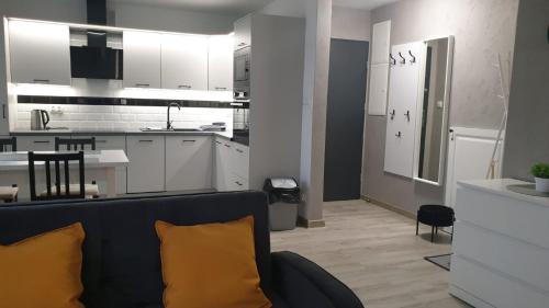 a living room with a couch and a kitchen at Apartament STYL in Otmuchów