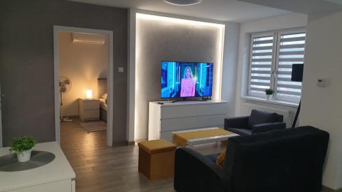 a living room with a couch and a flat screen tv at Apartament STYL in Otmuchów