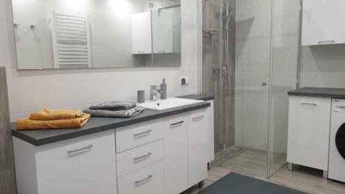 a white bathroom with a sink and a shower at Apartament STYL in Otmuchów