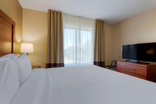 a hotel room with a large bed and a flat screen tv at Comfort Inn & Suites Cambridge in Cambridge