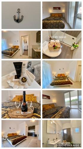 a collage of photos of a room with a bed and a cake at Villa ISLAND VIR with pool in Vir