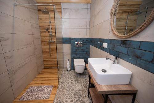 y baño con lavabo, ducha y aseo. en Kwiat Paproci, en Ryn