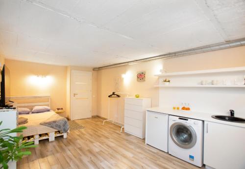 1 dormitorio con 1 cama y lavadora en Apartment in Garage with free parking, en Kaunas