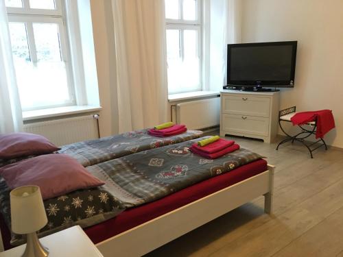 a bedroom with a bed and a flat screen tv at Hájovna Svahová in Boleboř