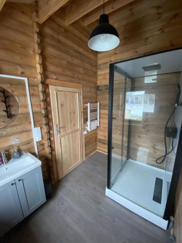 a bathroom with a shower in a wooden room at chalet de la voie verte en plein coeur du Jura in Montigny-sur-lʼAin