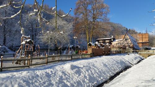 a train in a park with snow on the ground at Hotel Loucky in Litvínov