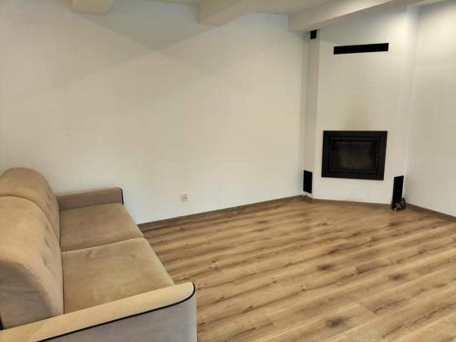 a living room with a couch and a fireplace at Zielony Zakątek in Złota
