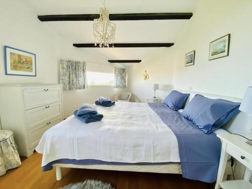 ein Schlafzimmer mit einem großen Bett mit blauen Kissen darauf in der Unterkunft Villa Lucie in Valbonne