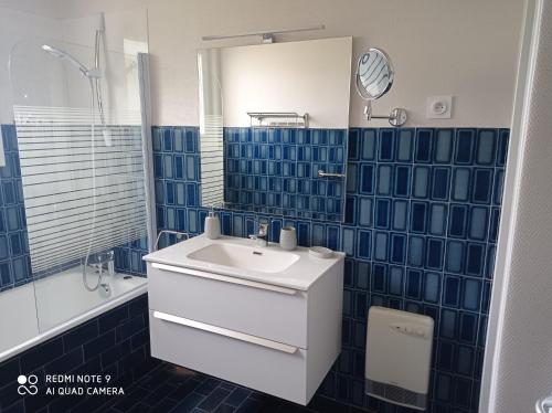Baño de azulejos azules con lavabo y espejo en Gîte A-B Roger en Ganties