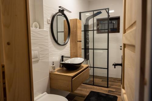 a bathroom with a sink and a mirror at Vacation house Kula in Jasenak