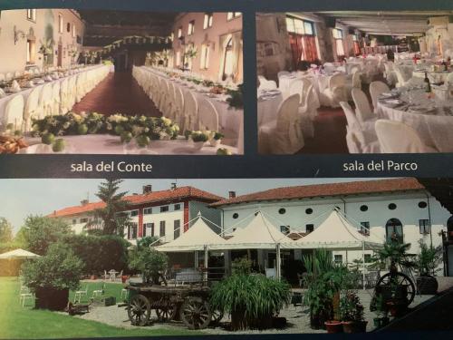 two pictures of a building with tables and a carriage at TENUTA VALMINIER in Villanova dʼAsti