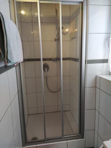 a shower with a glass door in a bathroom at Haus Erhart in Ladis