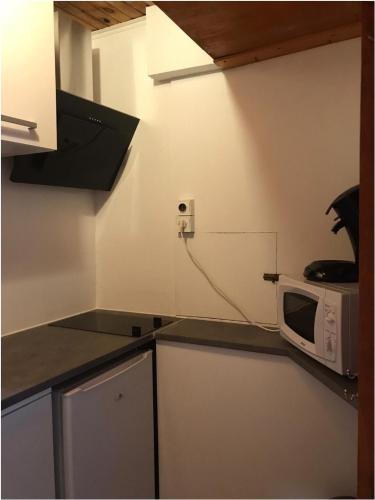 une cuisine avec un micro-ondes et un plan de travail dans l'établissement Studio hypercentre à 2 pas de la gare Appt n°1, à Agen