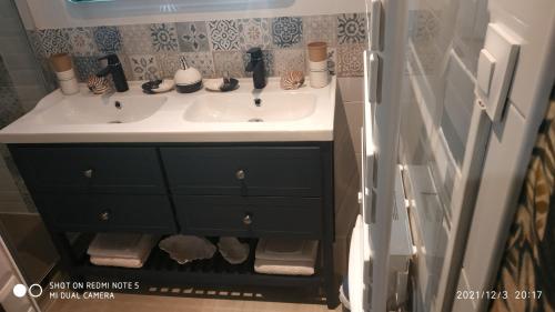 uma casa de banho com um lavatório no frigorífico em La Clé Des Champs em Chabeuil
