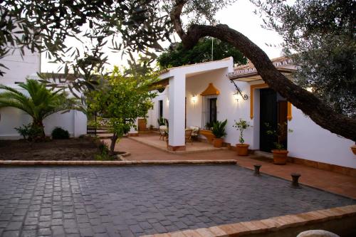 un patio de una casa con un árbol en El Molino del Huertezuelo, en La Palma del Condado