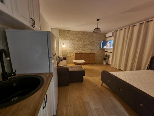 a living room with a couch and a sink in a room at Apartments Vraneš Tivat in Tivat
