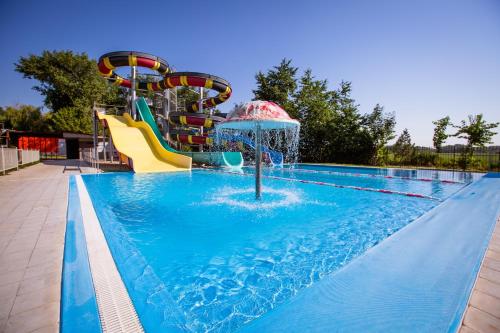 a swimming pool with a water park with a water slide at Apartmány Hawaii in Patince