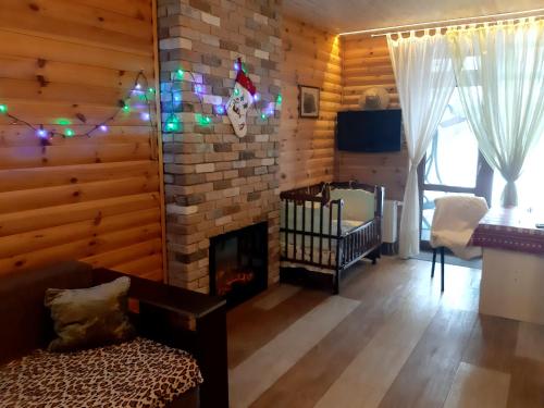 a living room with a fireplace and a crib at Дом в лесу на берегу Днепра для отдыха с купелью на дровах, аппартоменты in Budishche