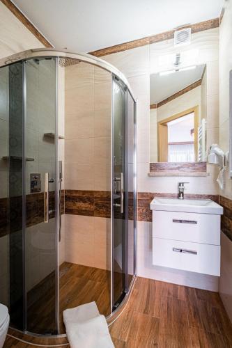 a bathroom with a shower and a sink at Dom Wypoczynkowy u Niedzielskich in Białka Tatrzanska