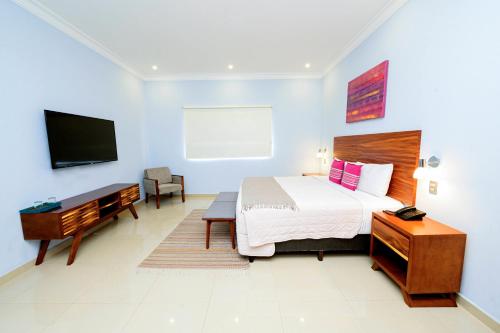 a bedroom with a bed and a desk and a tv at Suites de La Parra in Oaxaca City