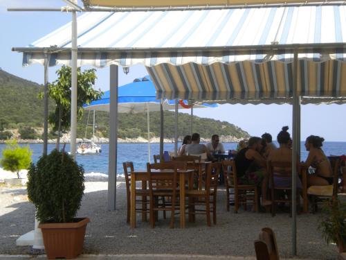 a group of people sitting at a restaurant under an umbrella at Amygdalia, a Stone House in a quiet landscape in Leonidion