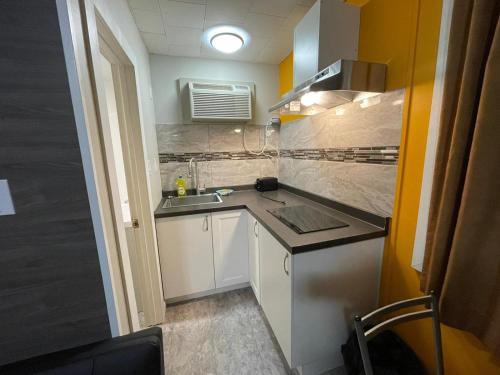 a small kitchen with a sink and a counter at Valley Motor Lodge in Minnedosa