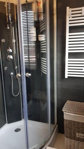 a shower with a glass door in a bathroom at ARCACHON PETIT PORT - T3 VUE BASSIN in Arcachon
